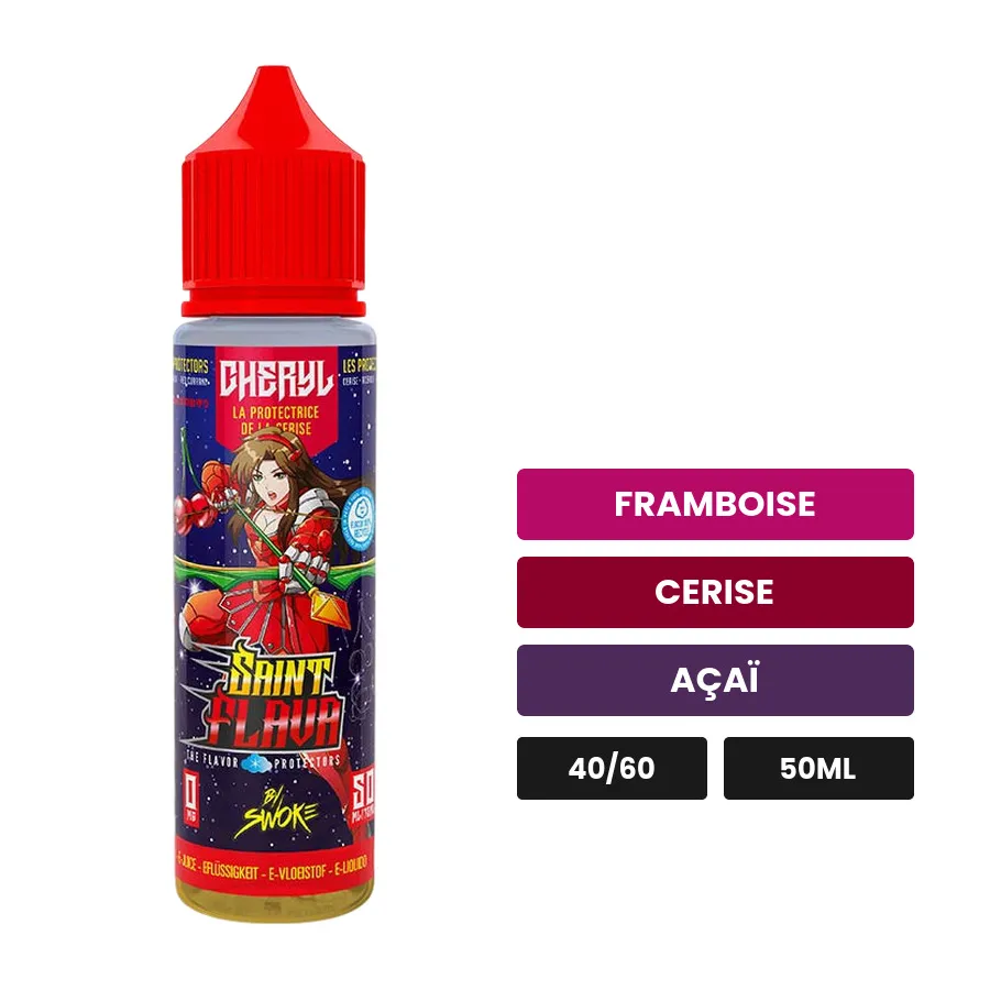 E-liquide Cheryl de Swoke, 50 ml, saveurs framboise, cerise et açaï.