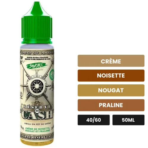 E-liquide Reserve De Cash de Swoke, 50 ml, saveurs crème, noisette, nougat et 1 autre.