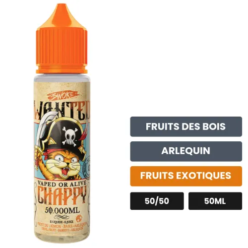 E-liquide Chappy de Swoke, 50 ml, saveurs fruits des bois, arlequin et fruits exotiques.