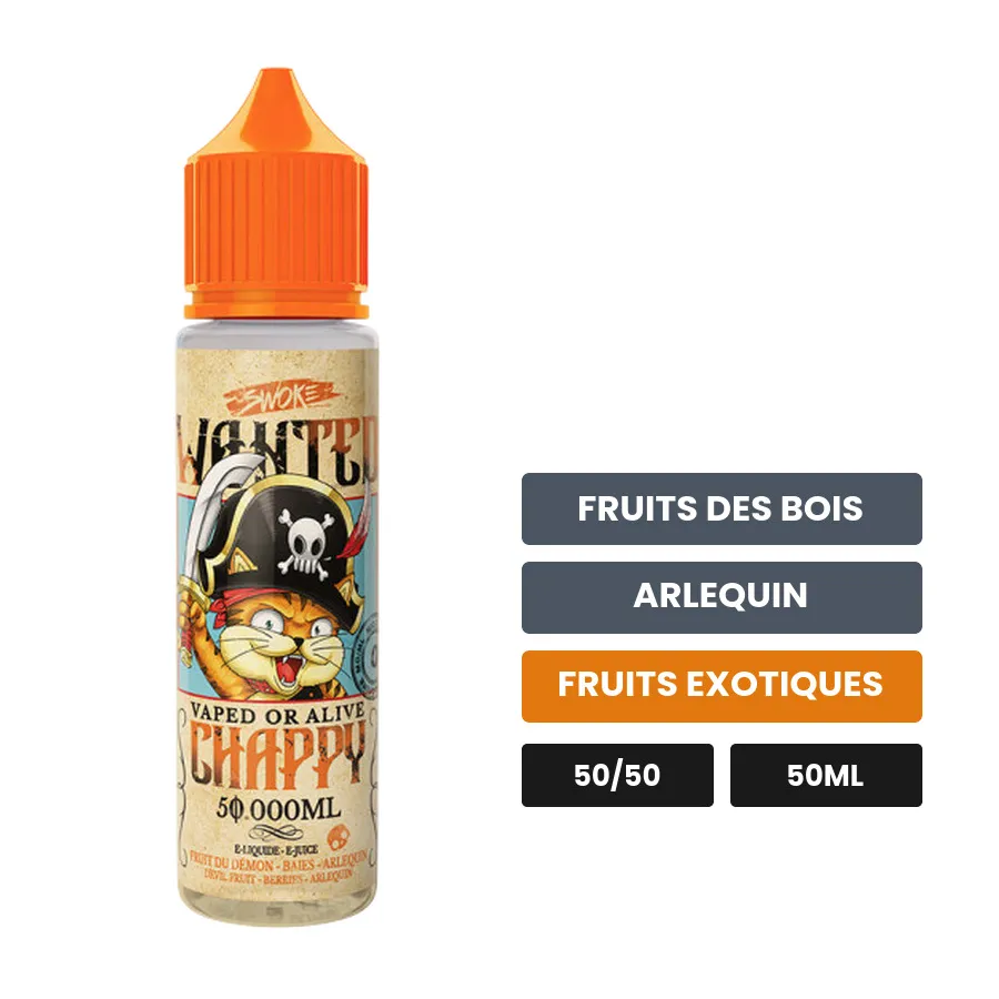 E-liquide Chappy de Swoke, 50 ml, saveurs fruits des bois, arlequin et fruits exotiques.