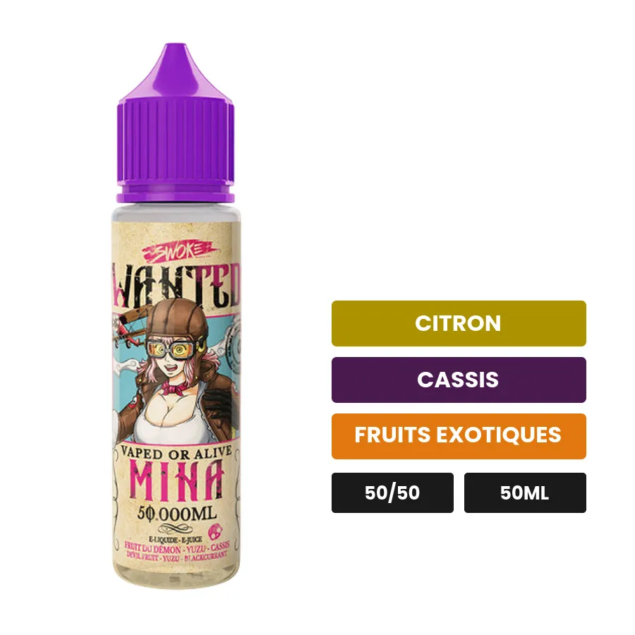 E-liquide Mina de Swoke, 50 ml, saveurs citron, cassis et fruits exotiques.