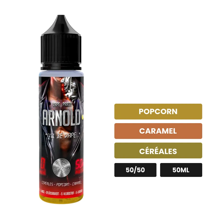 E-liquide Arnold de Swoke, 50 ml, saveurs popcorn, caramel et céréales.