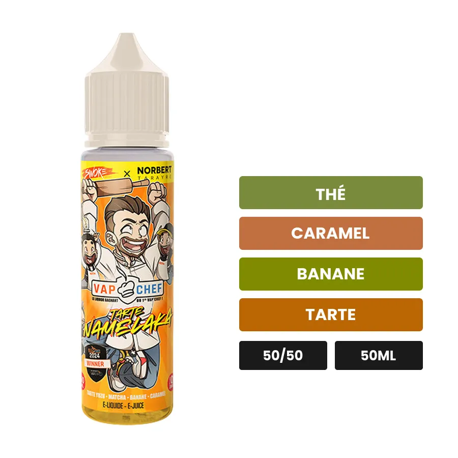 E-liquide Vap Chef Norbert Tarayre X de Swoke, 50 ml, saveurs thé, caramel, banane et 2 autres.