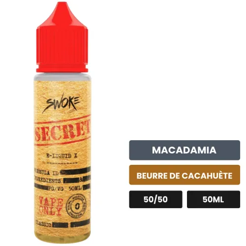 E-liquide Secret de Swoke, 50 ml, saveurs macadamia et beurre de cacahuète.