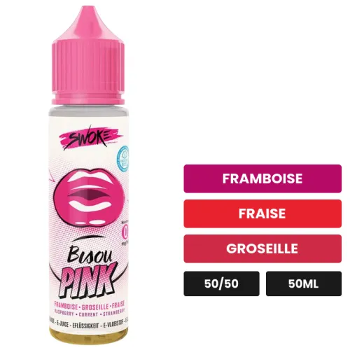 E-liquide Bisou Pink de Swoke, 50 ml, saveurs framboise, fraise et groseille.