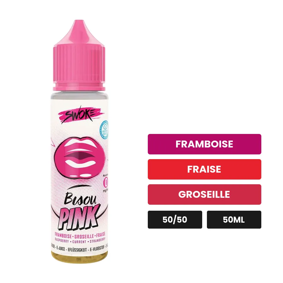 E-liquide Bisou Pink de Swoke, 50 ml, saveurs framboise, fraise et groseille.