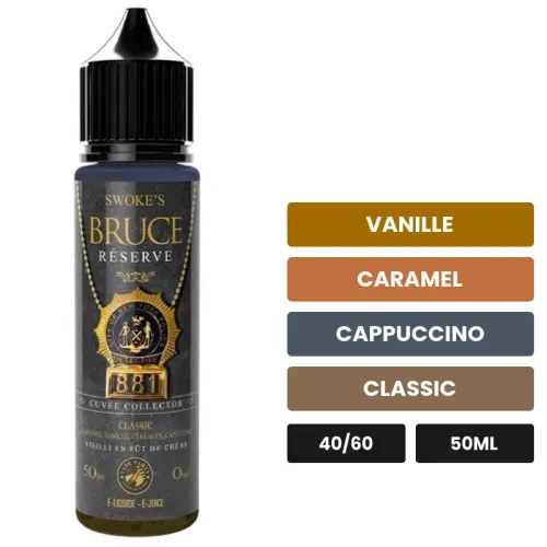 E-liquide Bruce Reserve de Swoke, 50 ml, saveurs vanille, caramel, cappuccino et 1 autre.
