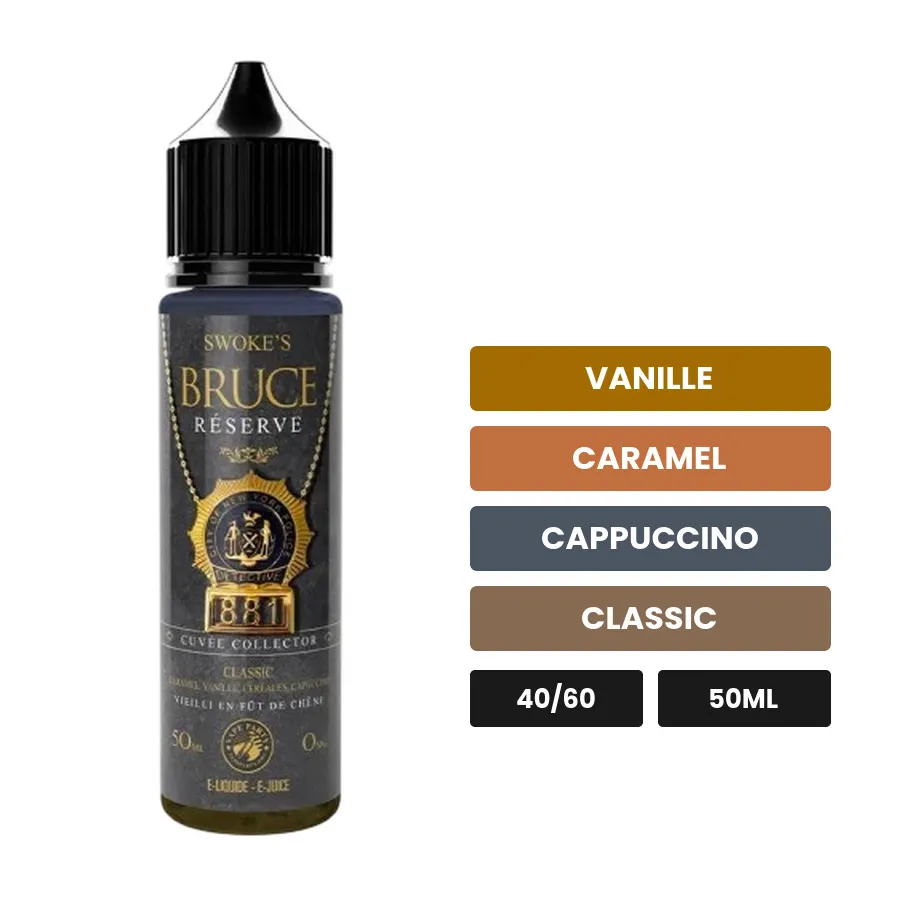 E-liquide Bruce Reserve de Swoke, 50 ml, saveurs vanille, caramel, cappuccino et 1 autre.