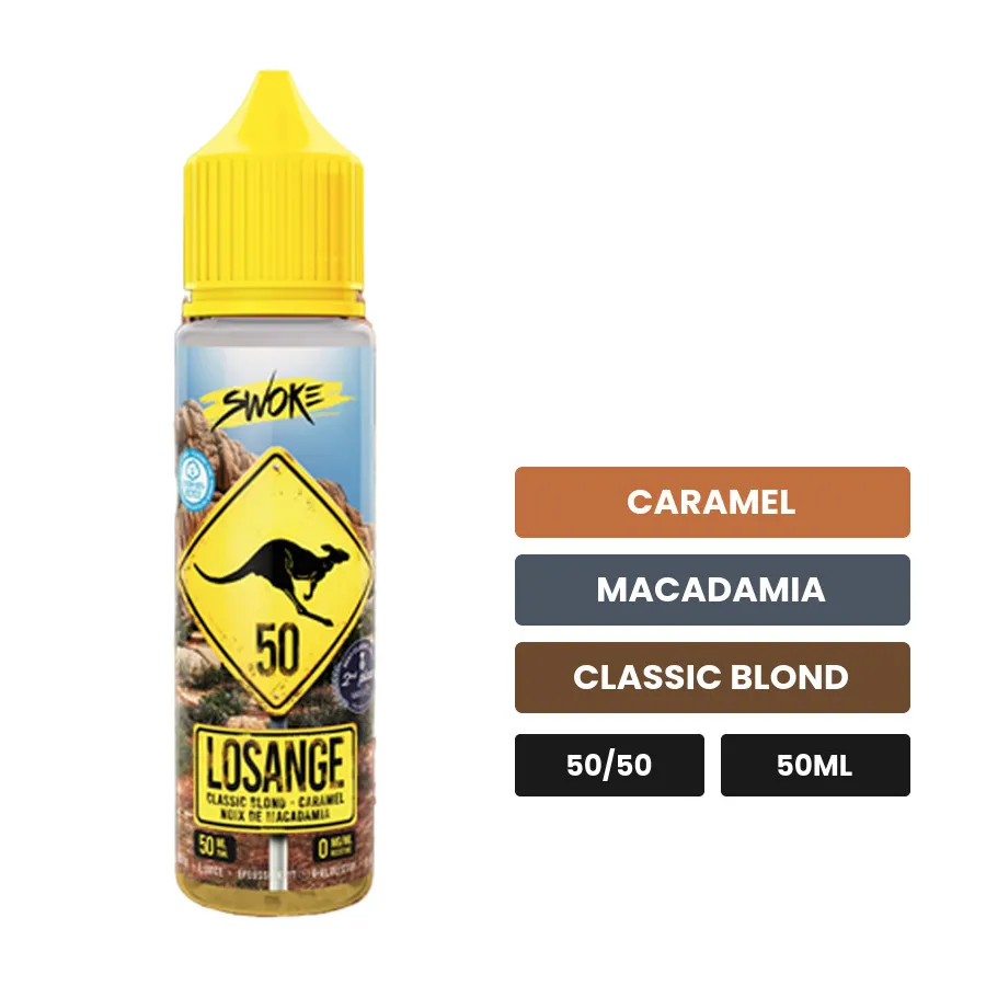 E-liquide Losange de Swoke, 50 ml, saveurs caramel, macadamia et classic blond.