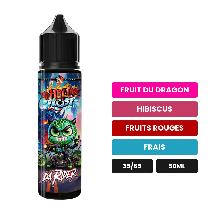 E-liquide Da Rider de Knoks, 50 ml, saveurs fruit du dragon, hibiscus, fruits rouges et 1 autre.
