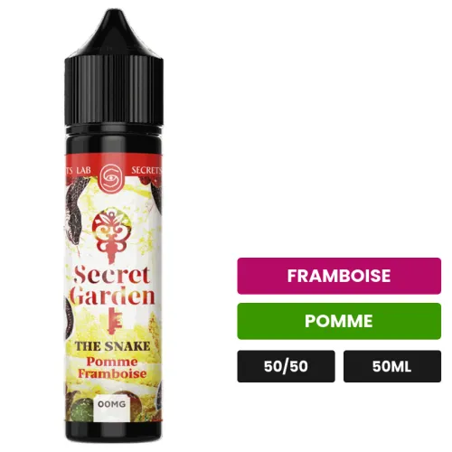 E-liquide The Snake de Secret's Lab, 50 ml, saveurs framboise et pomme.