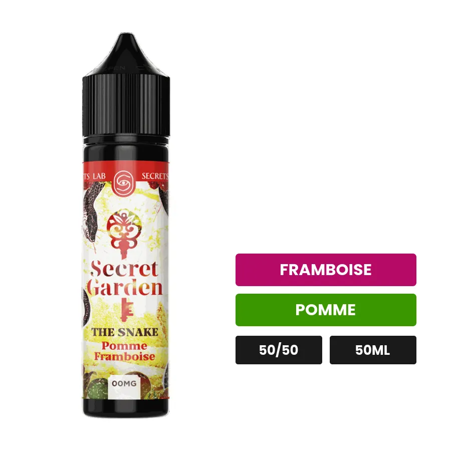 E-liquide The Snake de Secret's Lab, 50 ml, saveurs framboise et pomme.