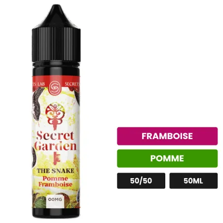 E-liquide The Snake de Secret's Lab, 50 ml, saveurs framboise et pomme.