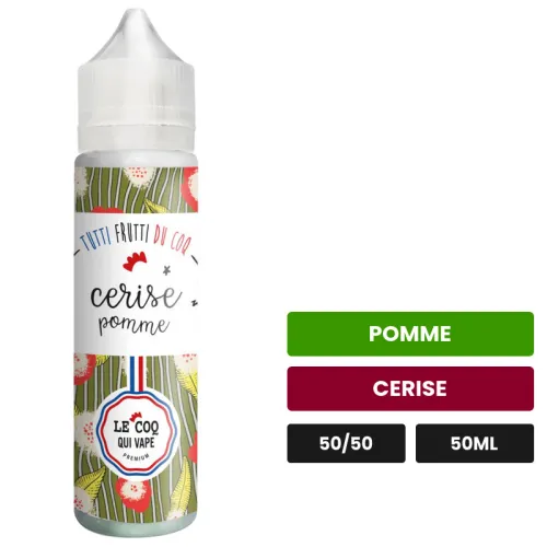 E-liquide Pomme Cerise de Le Coq Qui Vape, 50 ml, saveurs pomme et cerise.