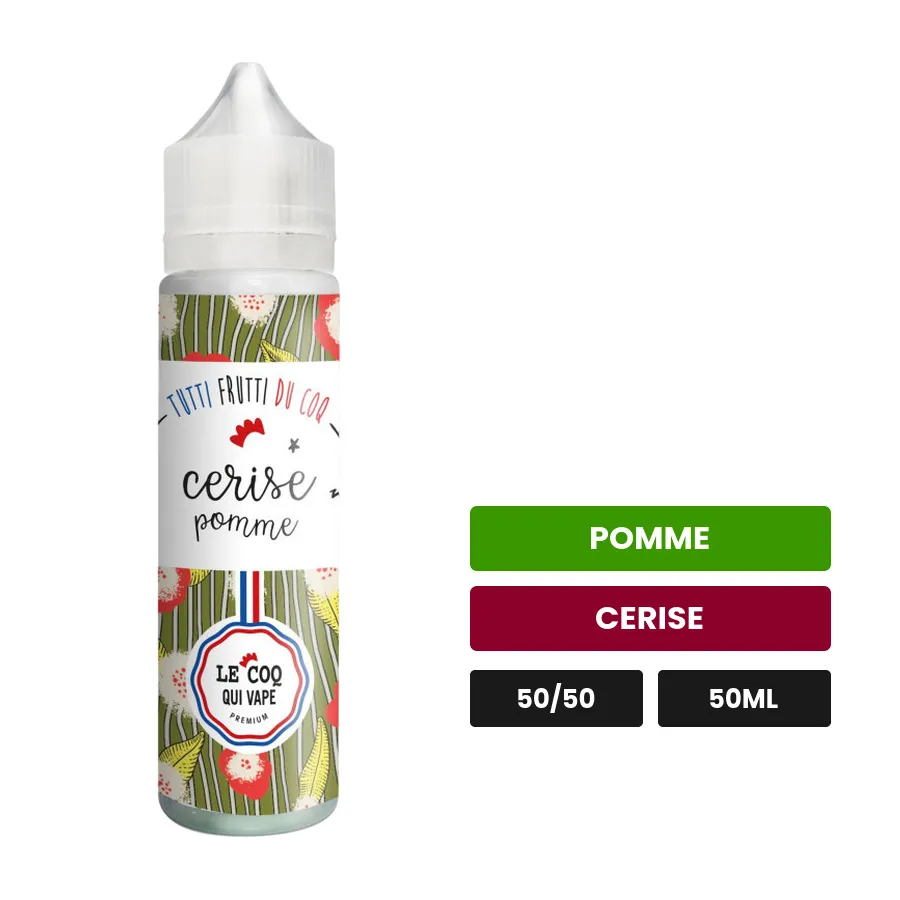 E-liquide Pomme Cerise de Le Coq Qui Vape, 50 ml, saveurs pomme et cerise.