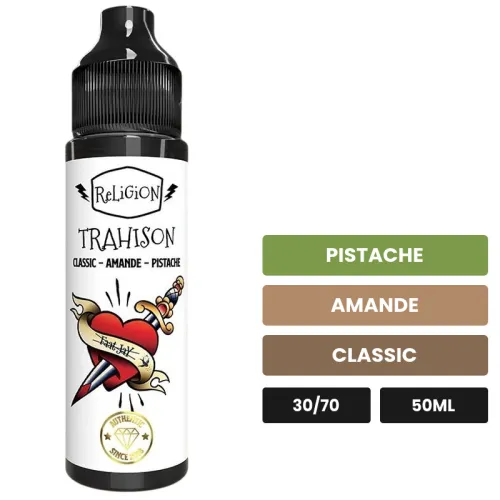 E-liquide Trahison de Religion Juice, 50 ml, saveurs pistache, amande et classic.