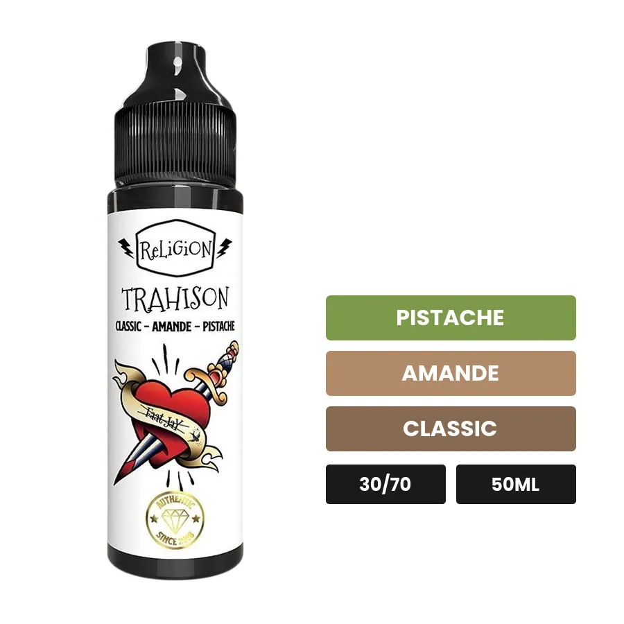 E-liquide Trahison de Religion Juice, 50 ml, saveurs pistache, amande et classic.