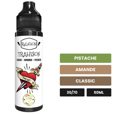 E-liquide Trahison de Religion Juice, 50 ml, saveurs pistache, amande et classic.