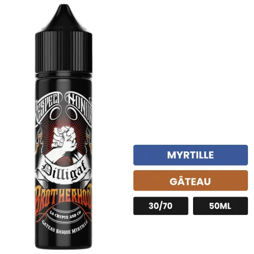 E-liquide Brotherhood de Dilligaf, 50 ml, saveurs myrtille et gâteau.
