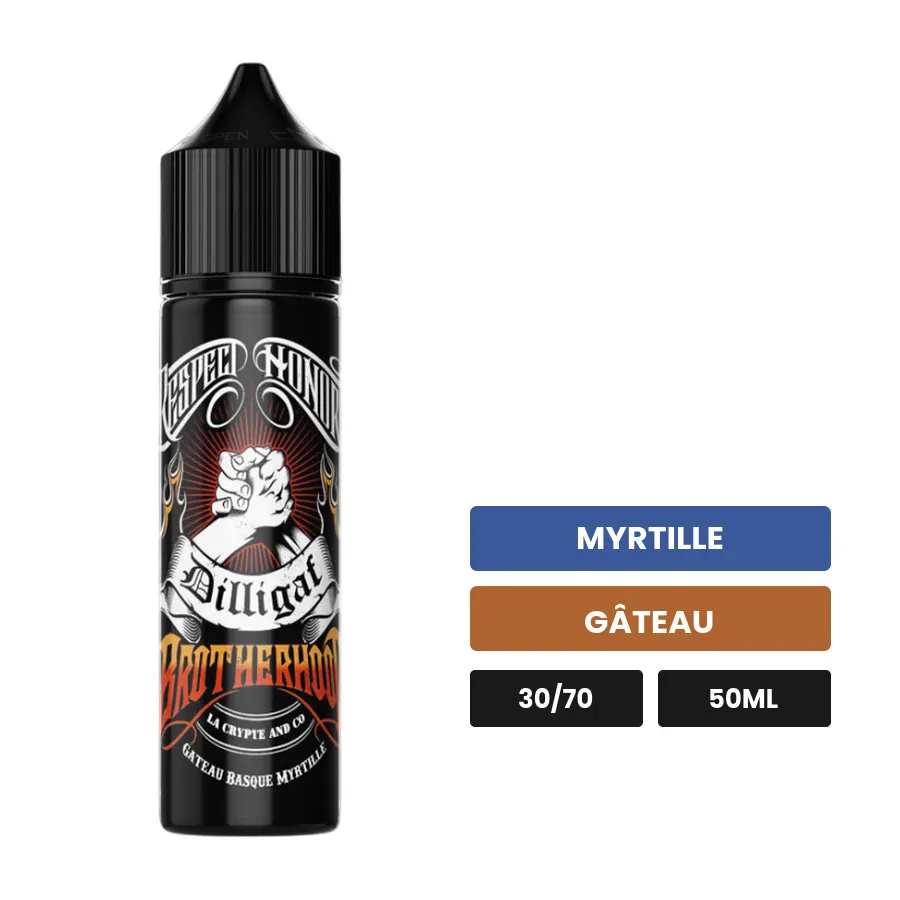 E-liquide Brotherhood de Dilligaf, 50 ml, saveurs myrtille et gâteau.