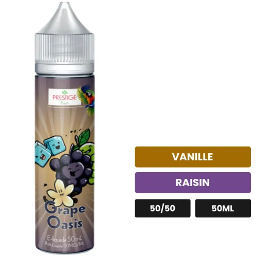 E-liquide Grappe Oasis de Prestige Fruit, 50 ml, saveurs vanille et raisin.