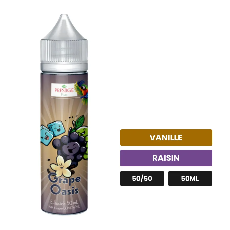 E-liquide Grappe Oasis de Prestige Fruit, 50 ml, saveurs vanille et raisin.