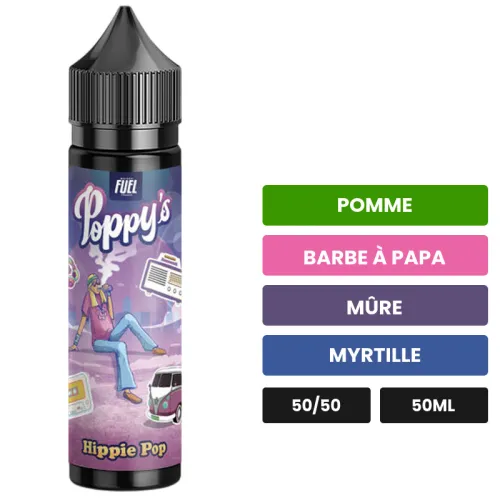 E-liquide Poppy'S By Maison Du Fuel - Hippie Pop de Maison Fuel, 50 ml, saveurs pomme, barbe à papa, mûre et 2 autres.