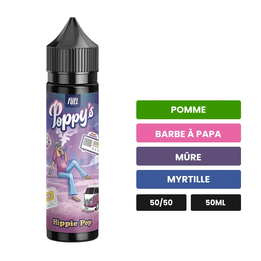 E-liquide Poppy'S By Maison Du Fuel - Hippie Pop de Maison Fuel, 50 ml, saveurs pomme, barbe à papa, mûre et 2 autres.