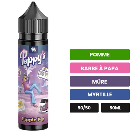 E-liquide Poppy'S By Maison Du Fuel - Hippie Pop de Maison Fuel, 50 ml, saveurs pomme, barbe à papa, mûre et 2 autres.