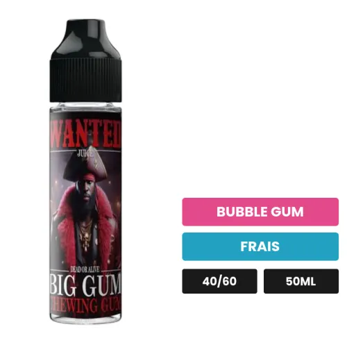 E-liquide Big Gum de Wanted Juice, 50 ml, saveurs bubble gum et frais.