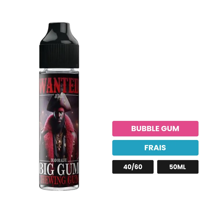 E-liquide Big Gum de Wanted Juice, 50 ml, saveurs bubble gum et frais.