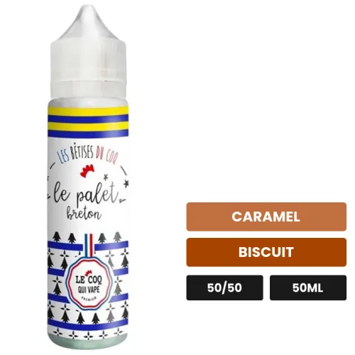 E-liquide Le Palet Breton de Le Coq Qui Vape, 50 ml, saveurs caramel et biscuit.