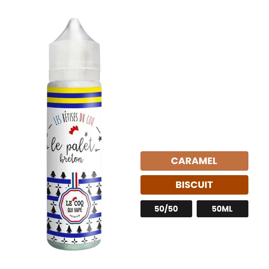 E-liquide Le Palet Breton de Le Coq Qui Vape, 50 ml, saveurs caramel et biscuit.