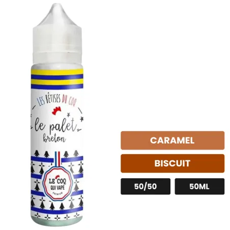 E-liquide Le Palet Breton de Le Coq Qui Vape, 50 ml, saveurs caramel et biscuit.