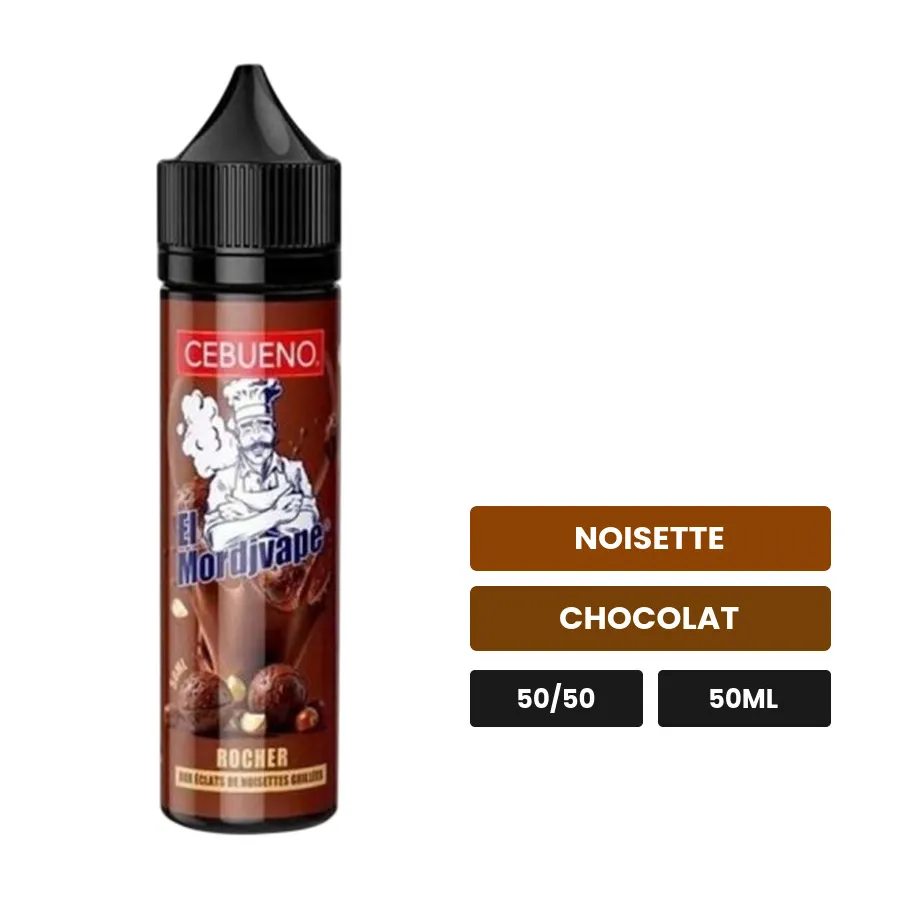 E-liquide El Mordjvape Rocher de Cebueno, 50 ml, saveurs noisette et chocolat.