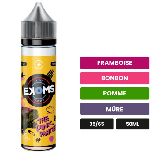 E-liquide The Punk Panther d'Ekoms, 50 ml, saveurs framboise, bonbon, pomme et 1 autre.