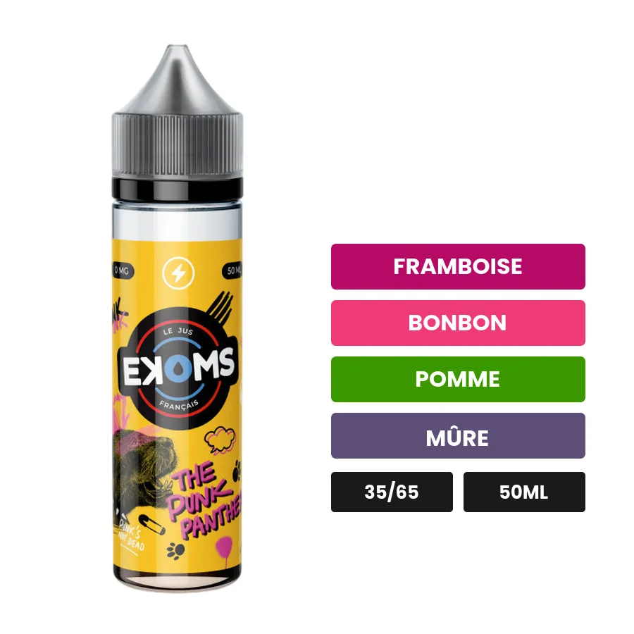 E-liquide The Punk Panther d'Ekoms, 50 ml, saveurs framboise, bonbon, pomme et 1 autre.