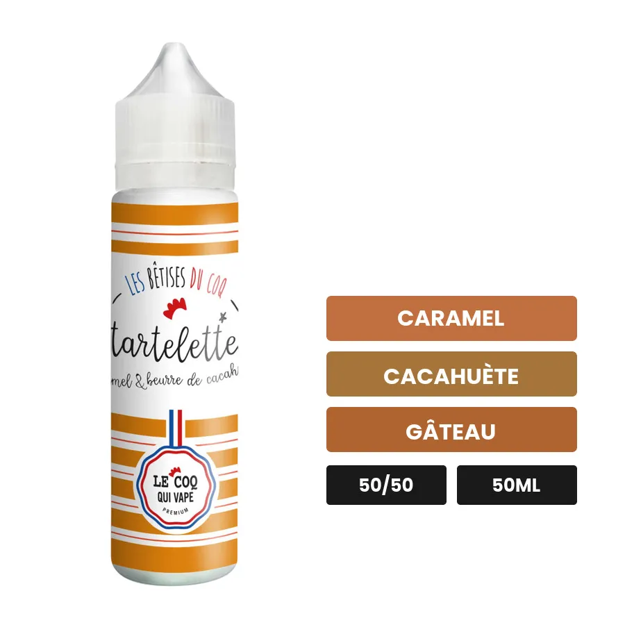 E-liquide Tartelette Caramel Beurre De Cacahuète de Le Coq Qui Vape, 50 ml, saveurs caramel, cacahuète et gâteau.