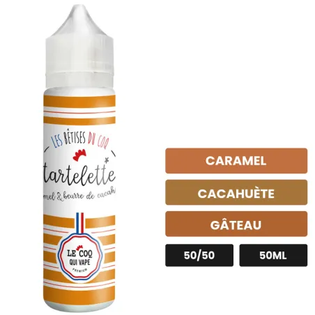 E-liquide Tartelette Caramel Beurre De Cacahuète de Le Coq Qui Vape, 50 ml, saveurs caramel, cacahuète et gâteau.