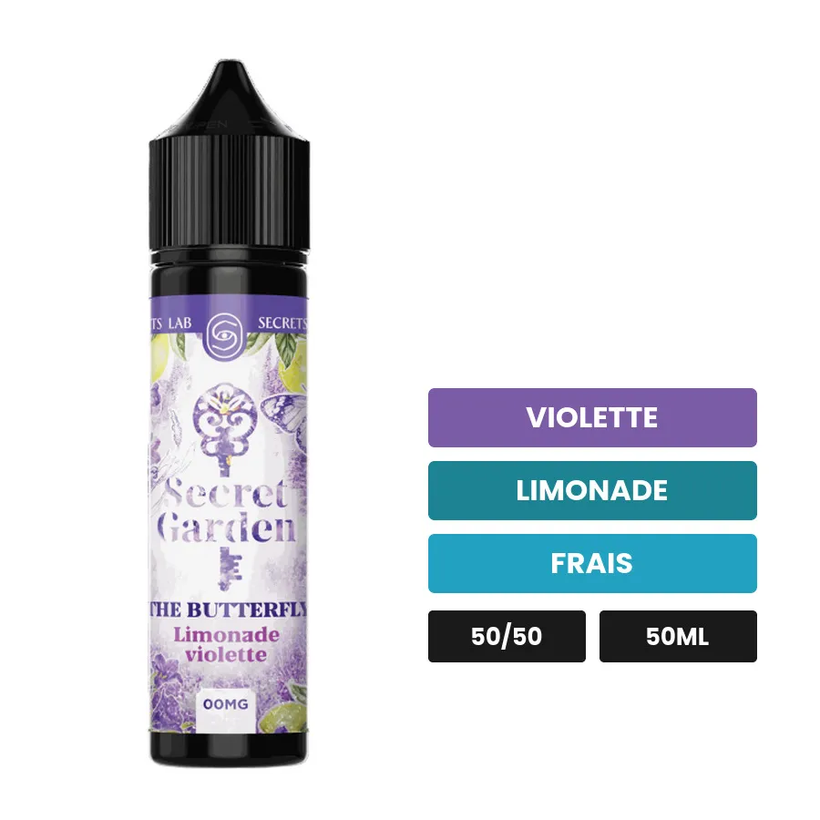 E-liquide The Butterfly de Secret's Lab, 50 ml, saveurs violette, limonade et frais.