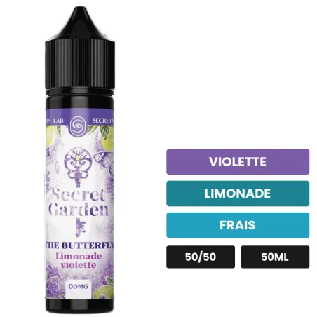 E-liquide The Butterfly de Secret's Lab, 50 ml, saveurs violette, limonade et frais.