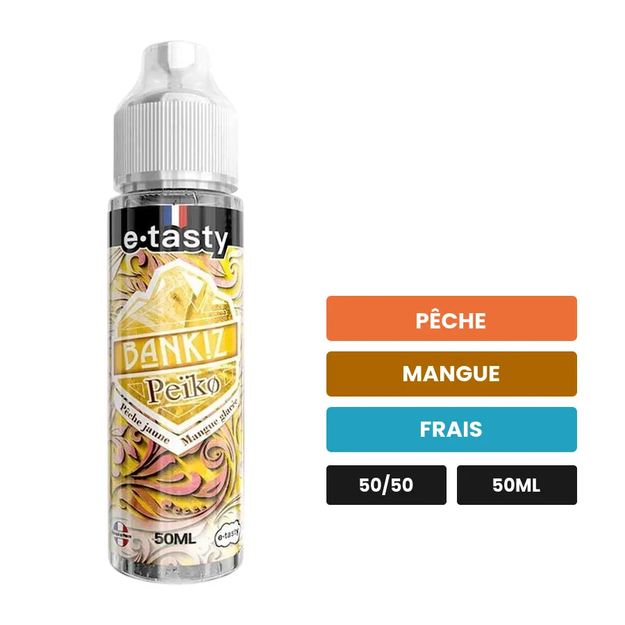 E-liquide Peiko d'E.Tasty, 50 ml, saveurs pêche, mangue et frais.