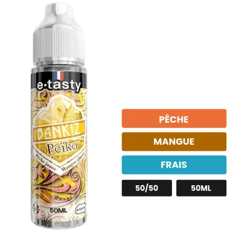 E-liquide Peiko d'E.Tasty, 50 ml, saveurs pêche, mangue et frais.