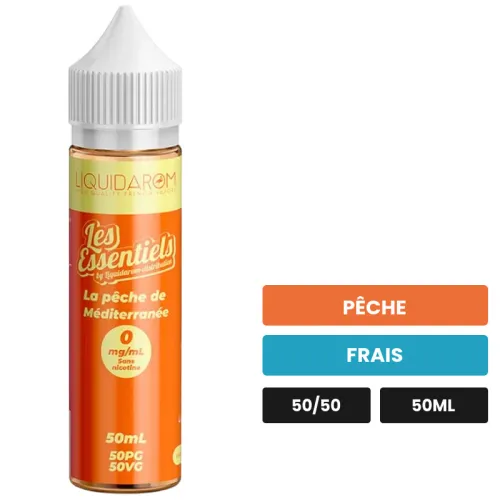 E-liquide La Pêche De Méditerranée de Les Essentiels, 50 ml, saveurs pêche et frais.