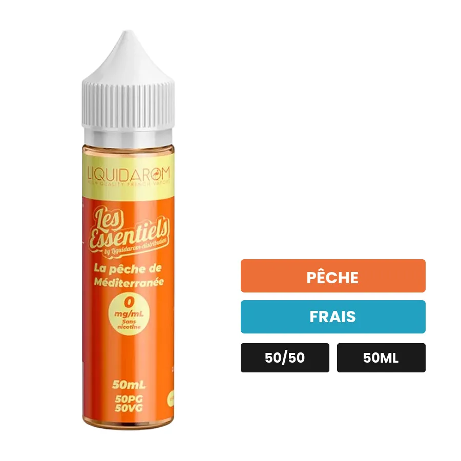 E-liquide La Pêche De Méditerranée de Les Essentiels, 50 ml, saveurs pêche et frais.