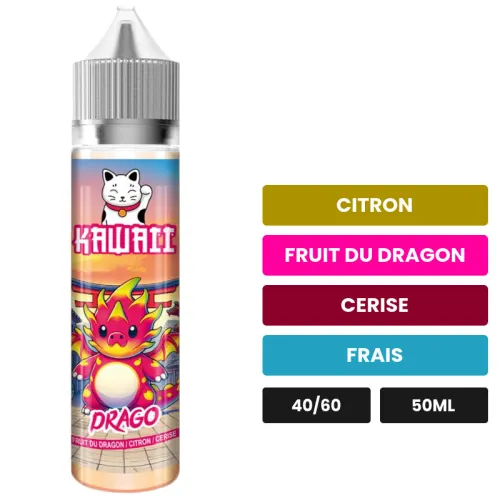 E-liquide Drago de Kawaii, 50 ml, saveurs citron, fruit du dragon, cerise et 1 autre.
