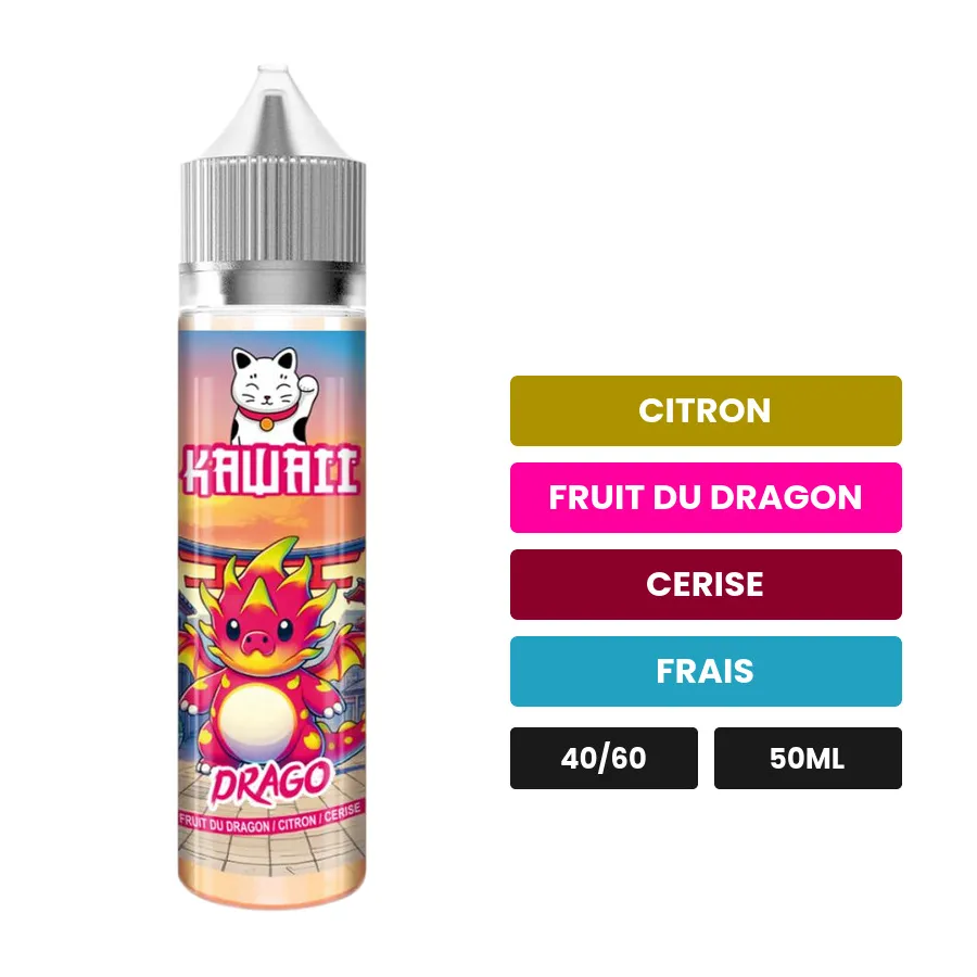 E-liquide Drago de Kawaii, 50 ml, saveurs citron, fruit du dragon, cerise et 1 autre.