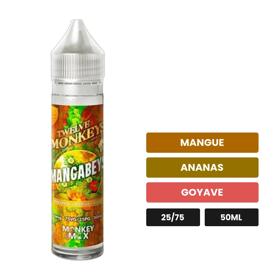 E-liquide Mangabeys Monkey Mix de 12 Monkeys, 50 ml, saveurs mangue, ananas et goyave.