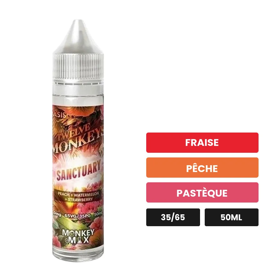 E-liquide Sanctuary - Oasis de 12 Monkeys, 50 ml, saveurs fraise, pêche et pastèque.