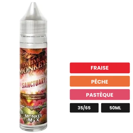 E-liquide Sanctuary - Oasis de 12 Monkeys, 50 ml, saveurs fraise, pêche et pastèque.